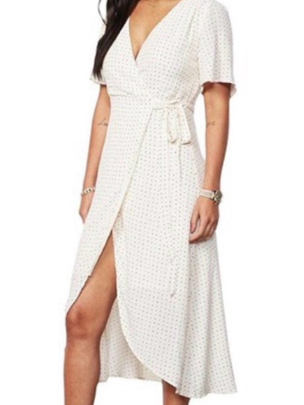 Women’s Tart White Polka Dot Midi Wrap Dress Size Small Short Sleeve